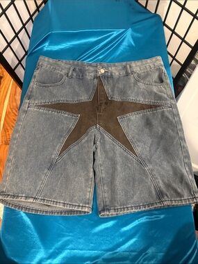 Men's Denim Shorts with Brown Star Accent - Blue Denim
